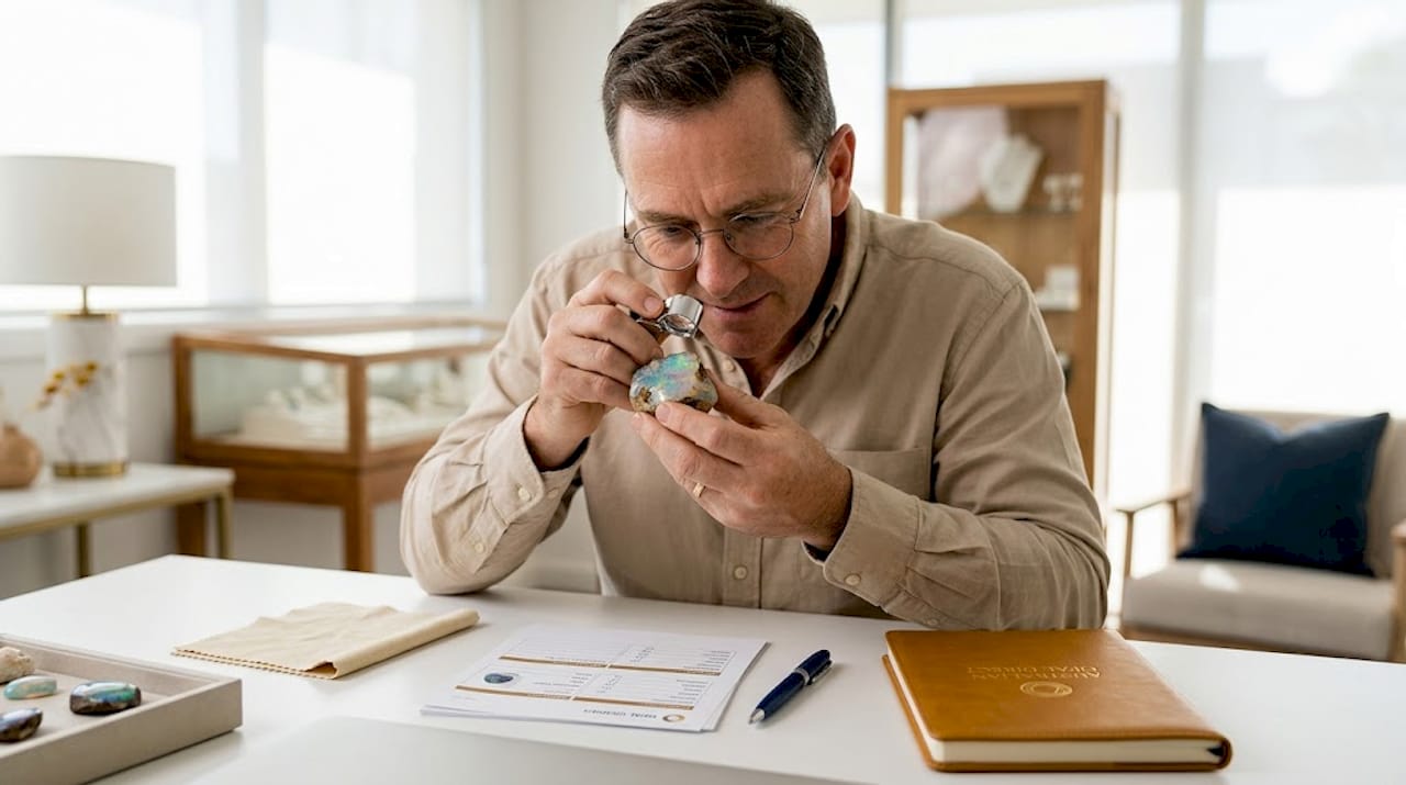 Gemologist inspecting opal for clarity