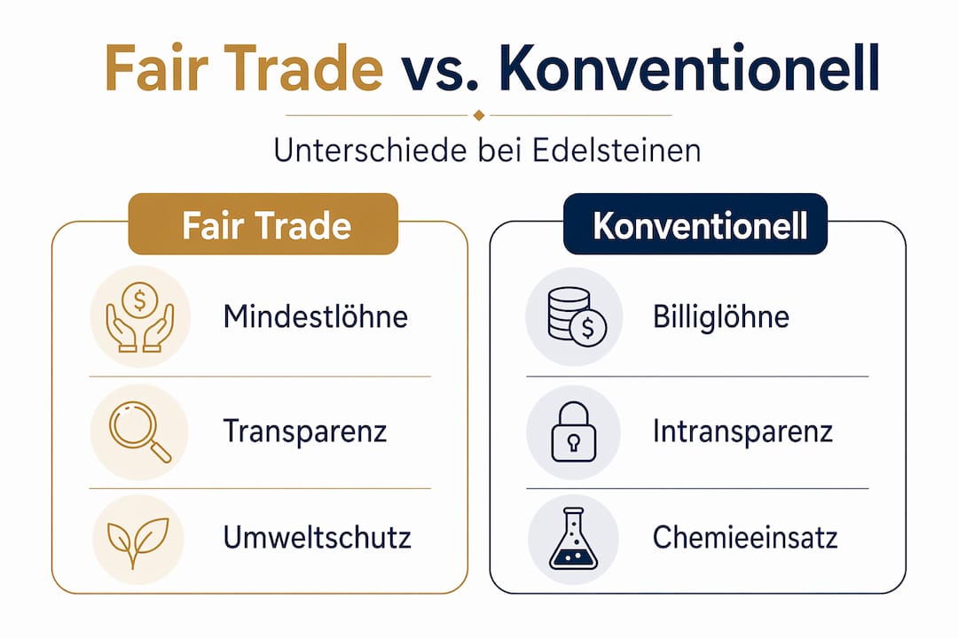 Diese Infografik zeigt die Unterschiede zwischen Fair-Trade-Edelsteinen und herkömmlichen Edelsteinen auf einen Blick.