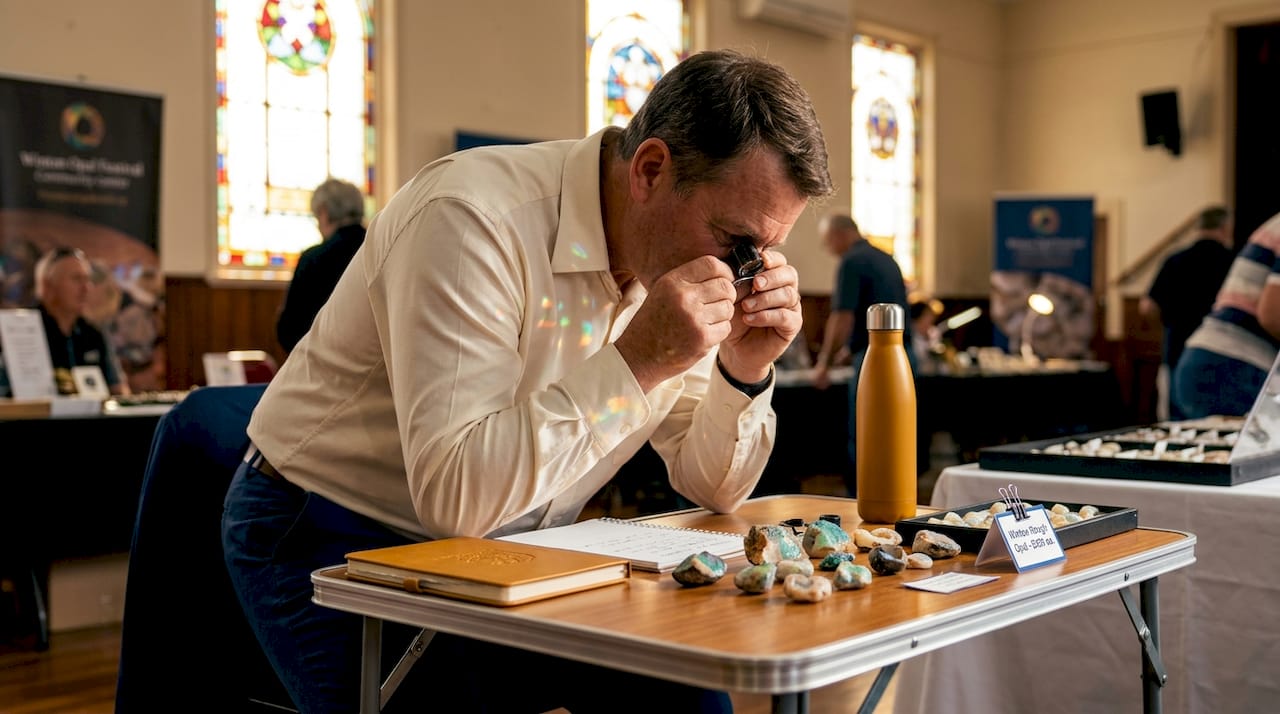 Opal dealer inspecting gems at trade show table