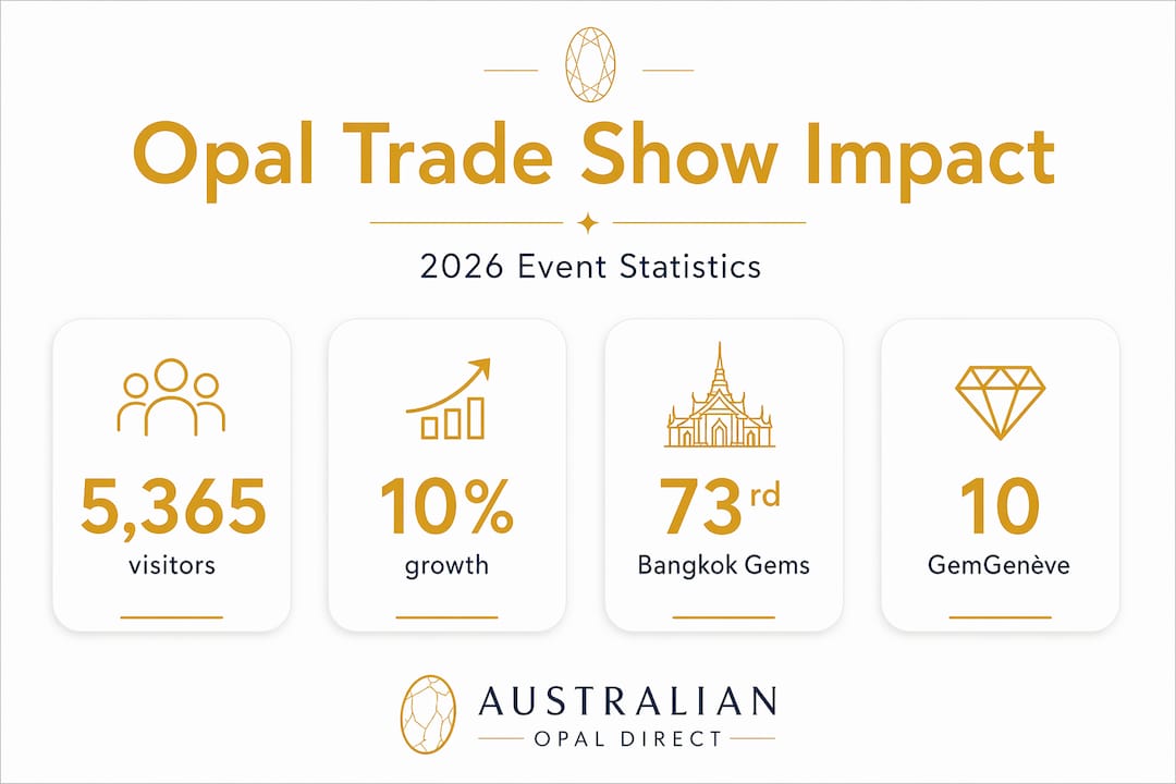 Infographic showing visitors and event stats for opal trade shows