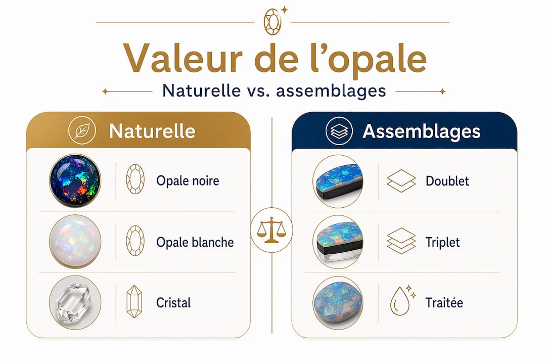 Infographie : différences clés entre opale naturelle et opales synthétiques