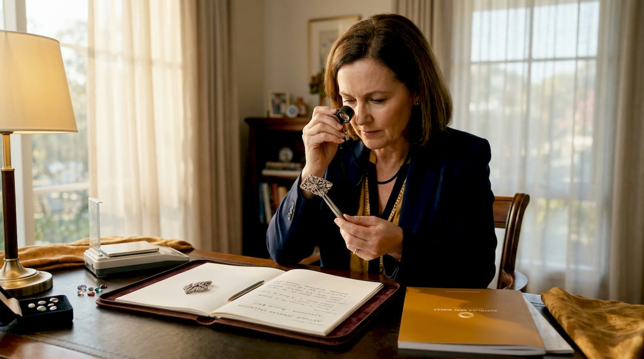 Jewelry appraiser examining antique brooch indoors