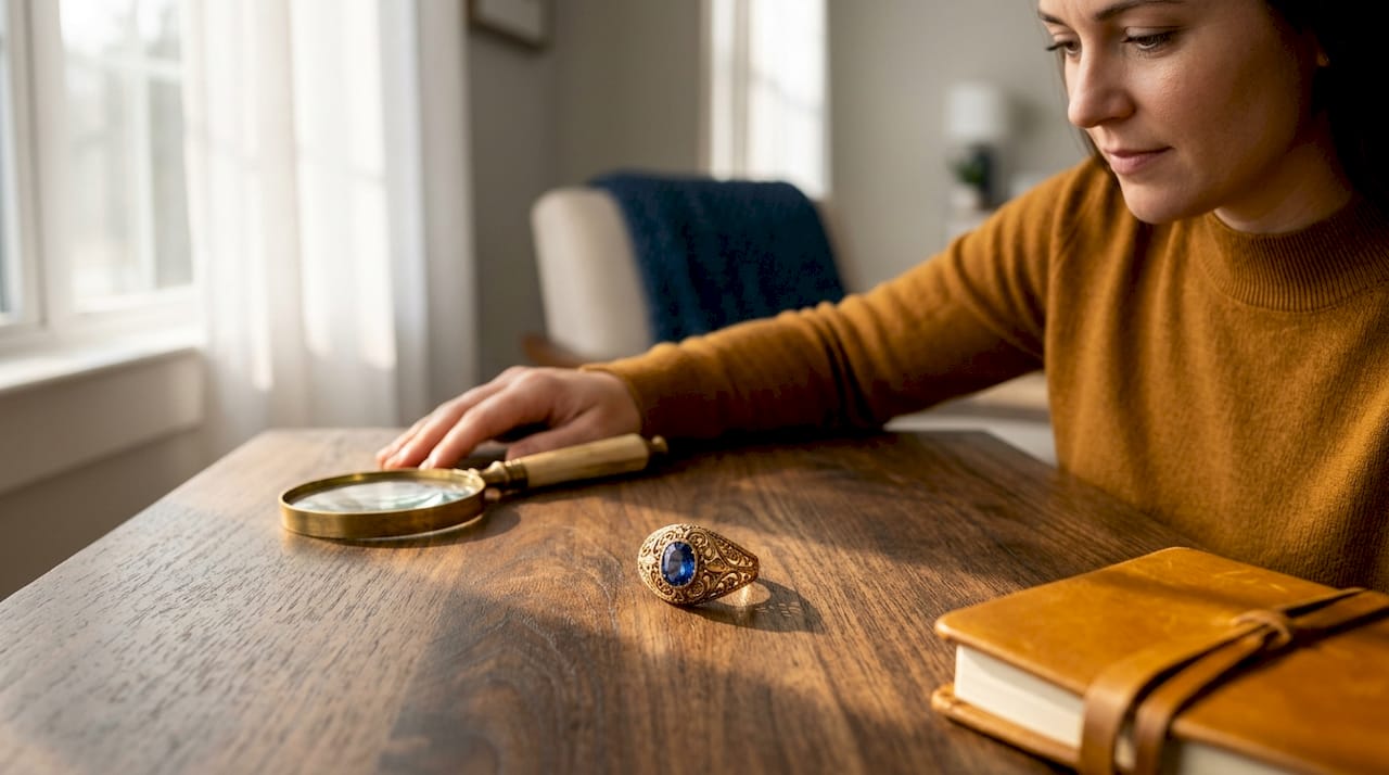 Close-up of antique sapphire collector ring on catalog
