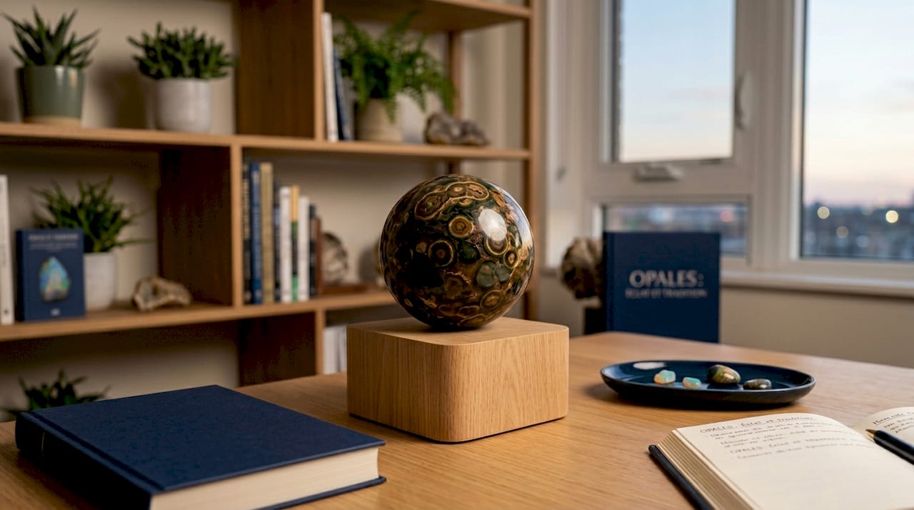 Sphère en granit Boogardie parfaitement polie, mise en valeur dans un bureau contemporain.