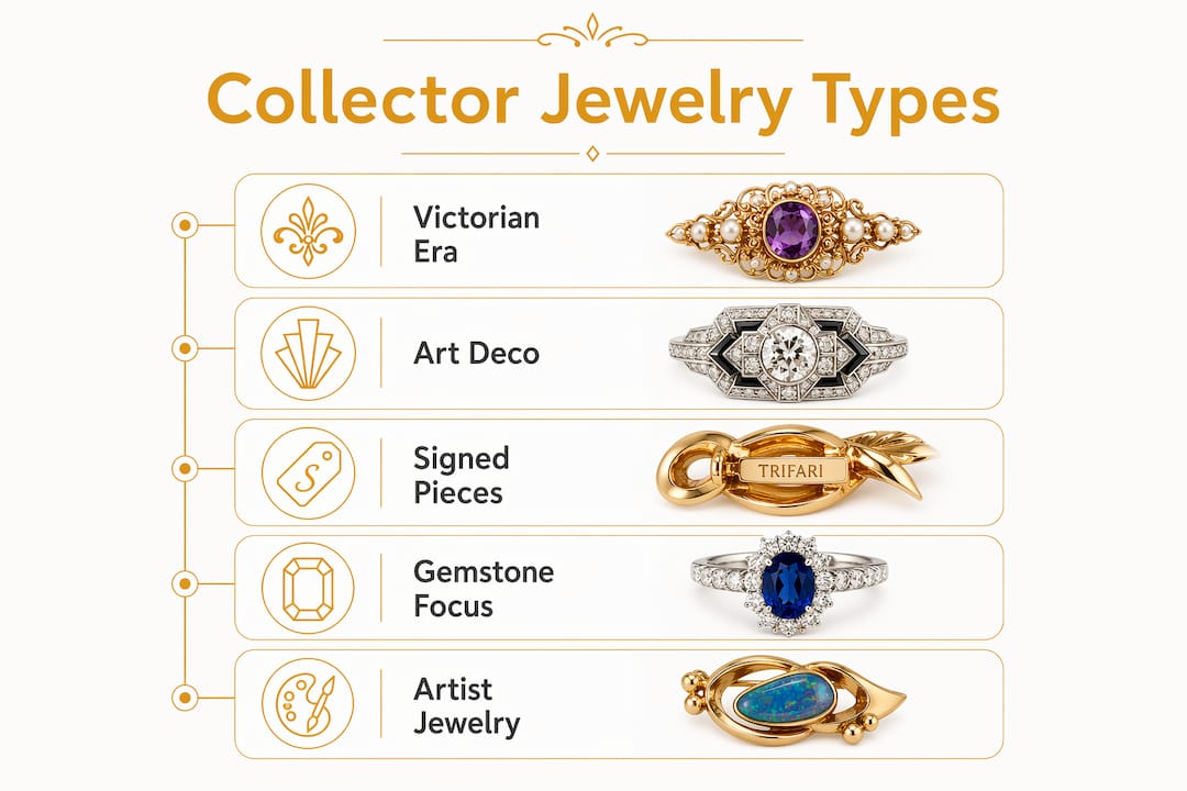 Infographic illustrating major types of collector jewelry