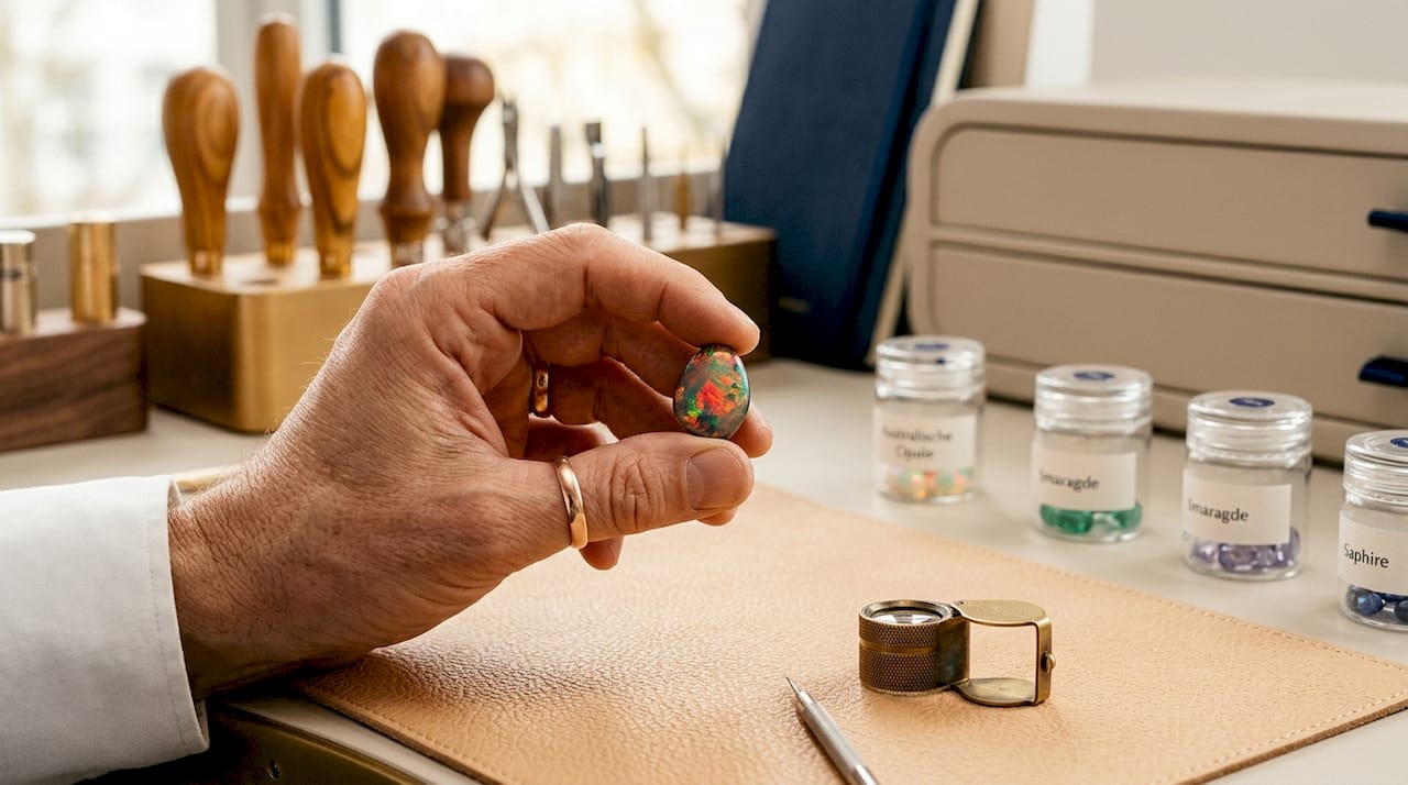 Ein Juwelier präsentiert einen leuchtend schimmernden, sorgfältig geschliffenen Opal in seiner Hand.