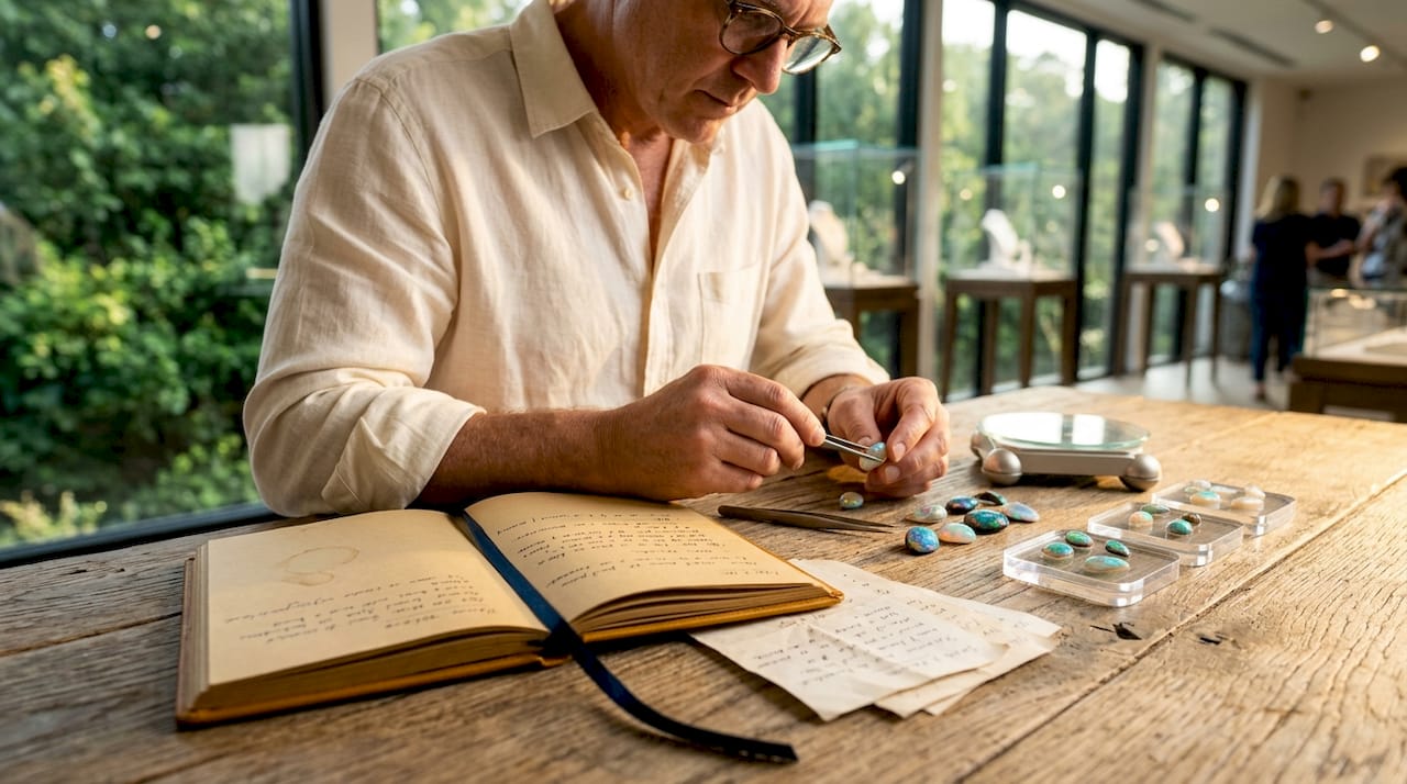 Opal expert examining stones on wooden table