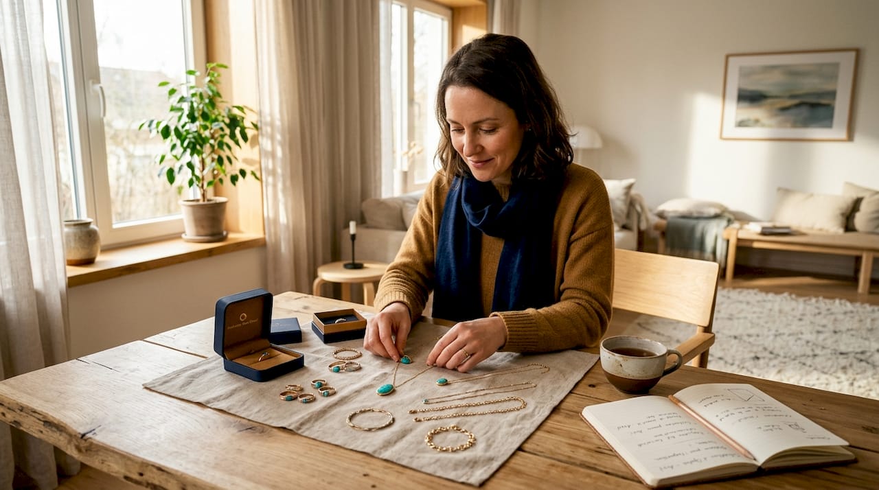 Une personne trie ses bijoux de fantaisie étalés sur la table, prenant soin de les organiser par style ou par couleur.