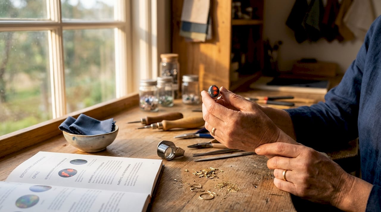 Eine Hand präsentiert einen sorgfältig geschliffenen Opalring auf der Werkbank eines Goldschmieds.