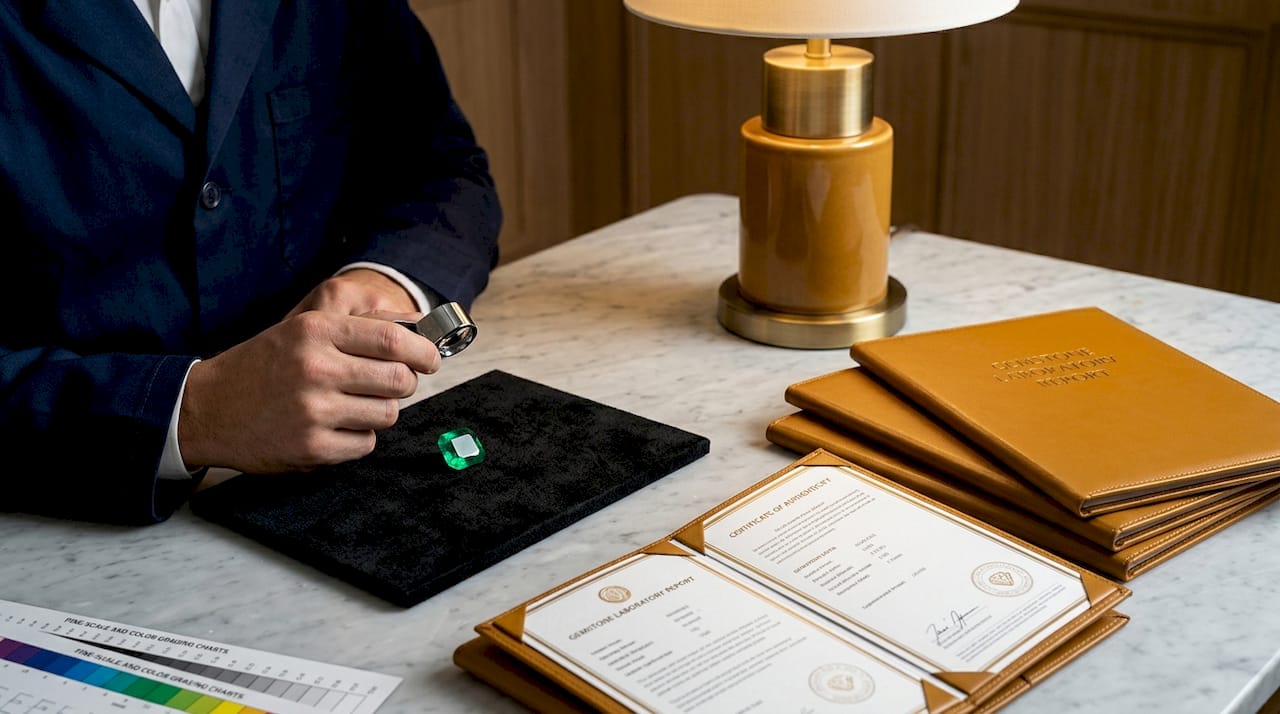 Jeweler examining emerald with certification papers