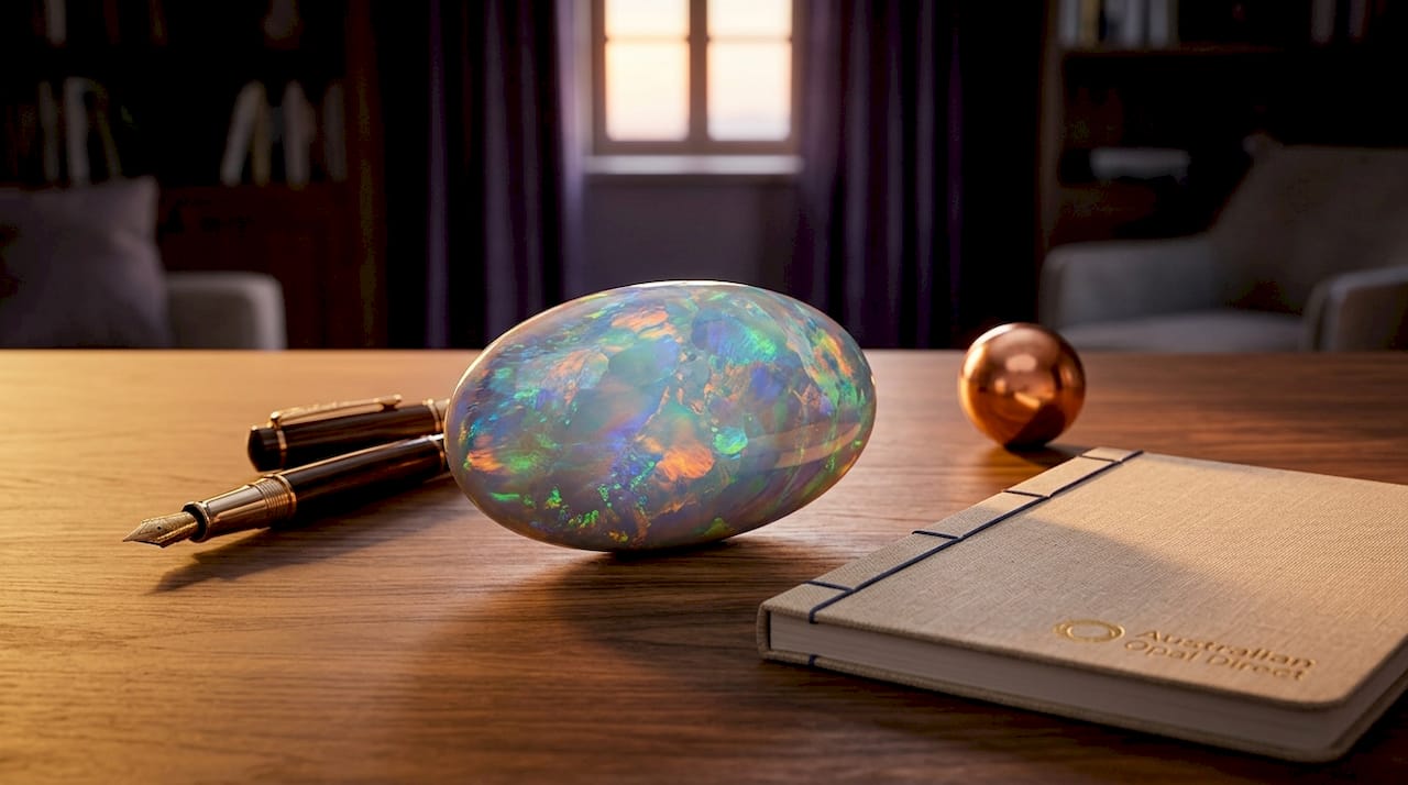 Australischer Opal in leuchtenden Farben, aus der Nähe auf einem Holztisch fotografiert