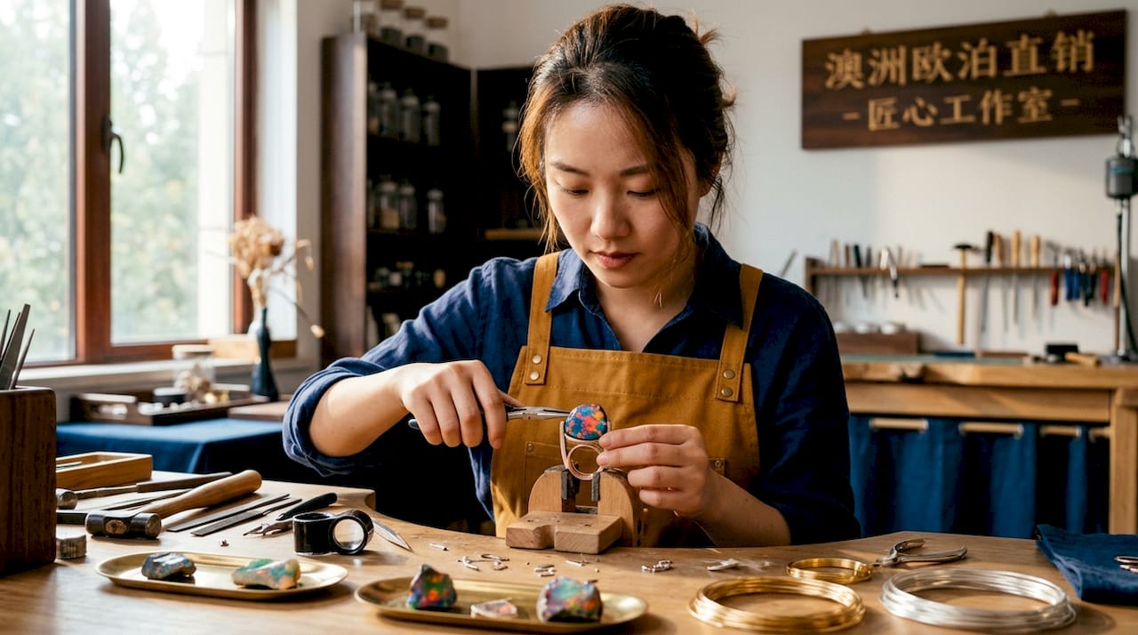 珠宝设计师正在精心镶嵌欧泊宝石