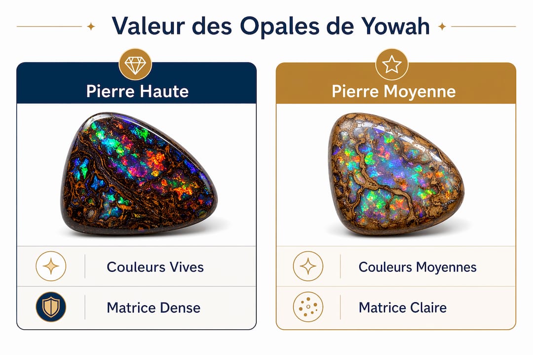 Infographie : comparatif entre opales de Yowah de grande valeur et de valeur moyenne