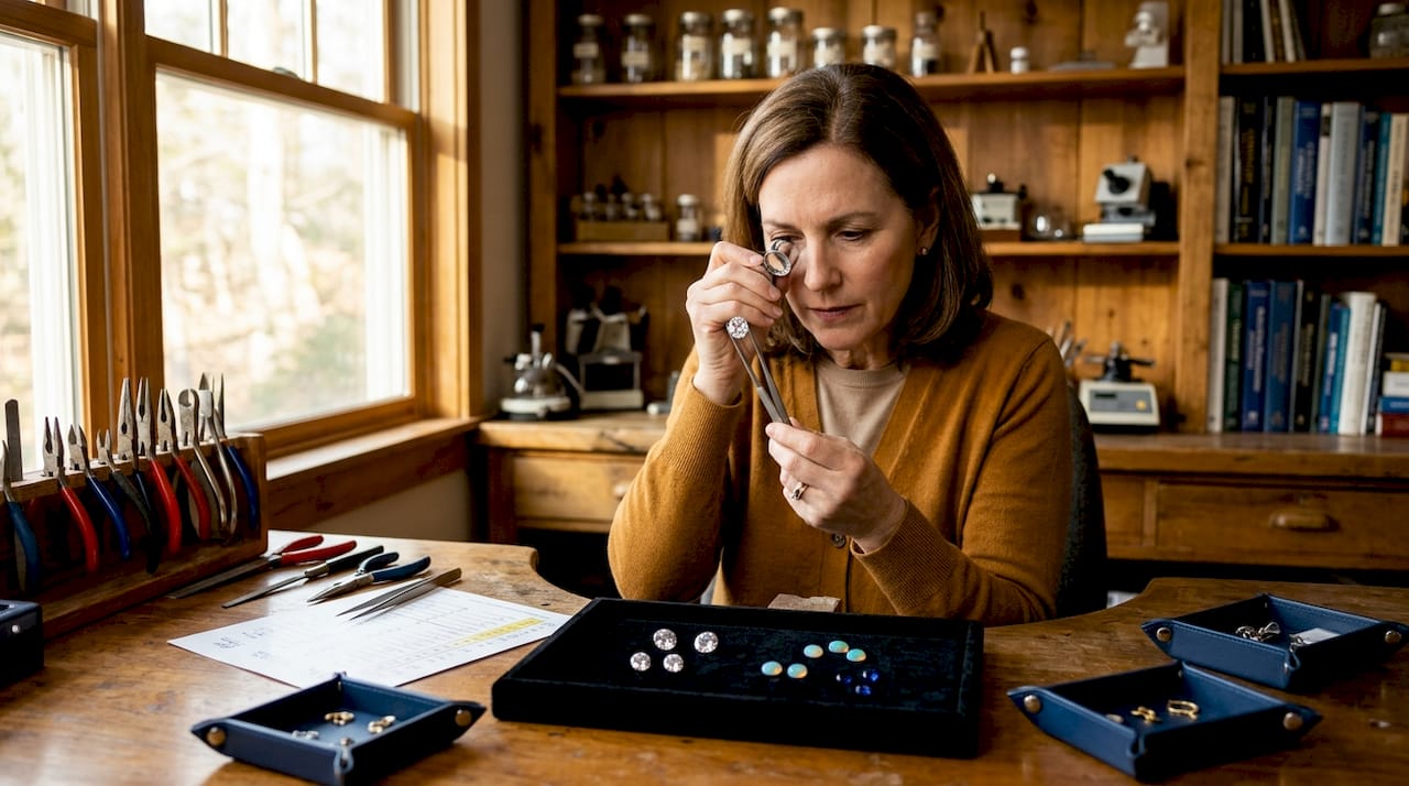 Gemologist inspecting round brilliant diamond closely