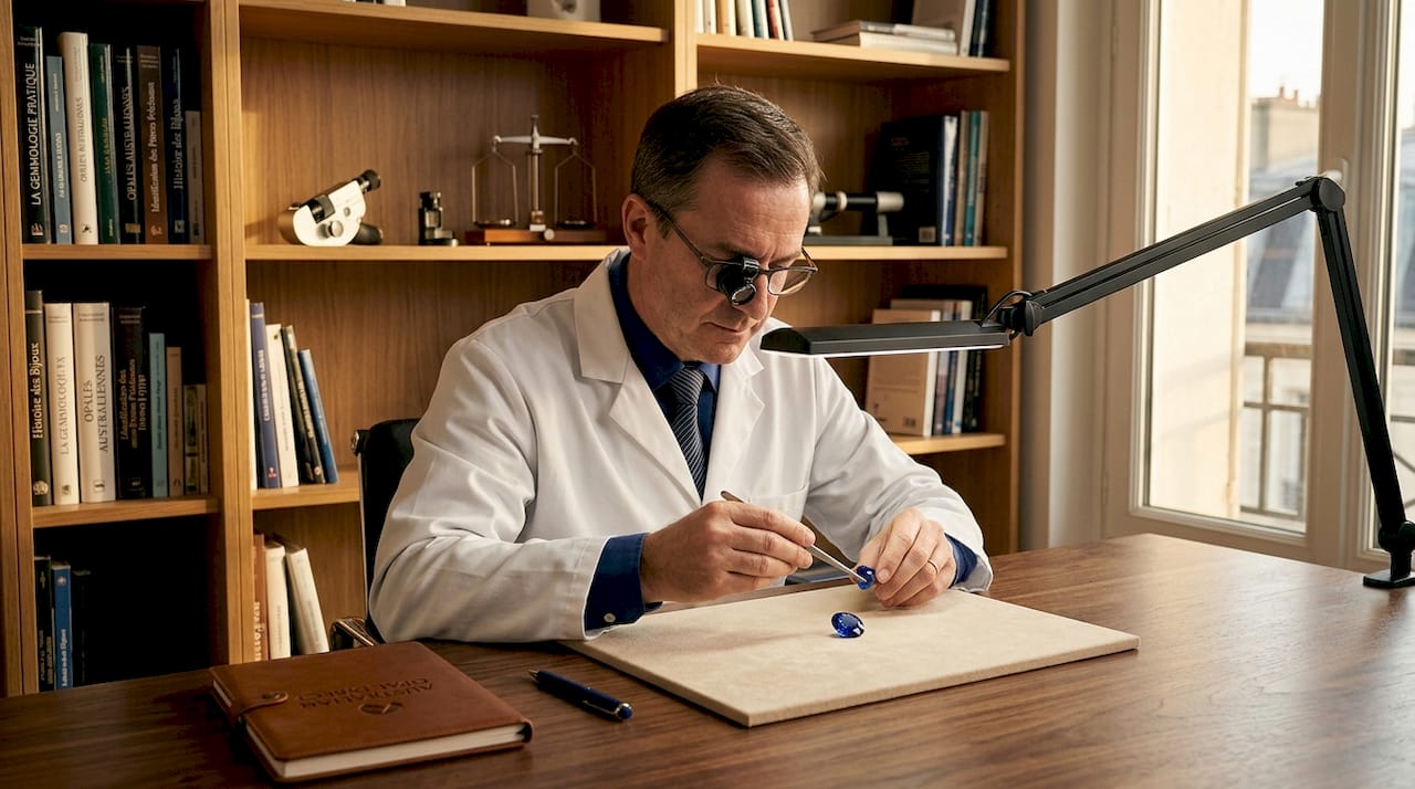 Un gemmologue examine minutieusement un saphir bleu à la loupe.