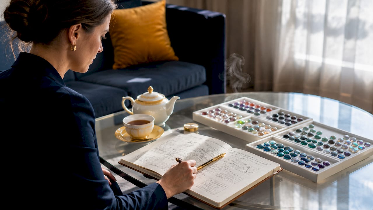 Close-up of gemstones and risk notes on desk