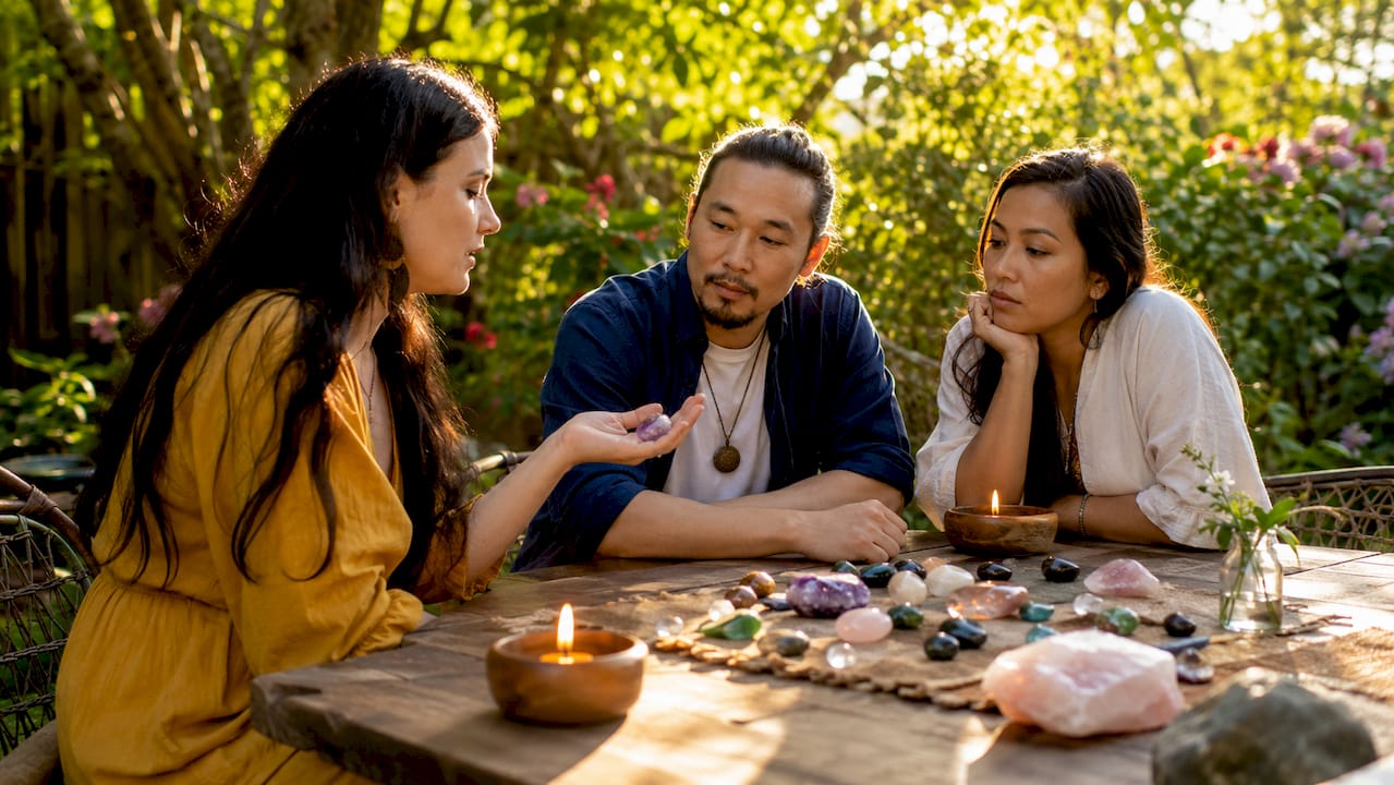 Group experiencing gemstone healing session