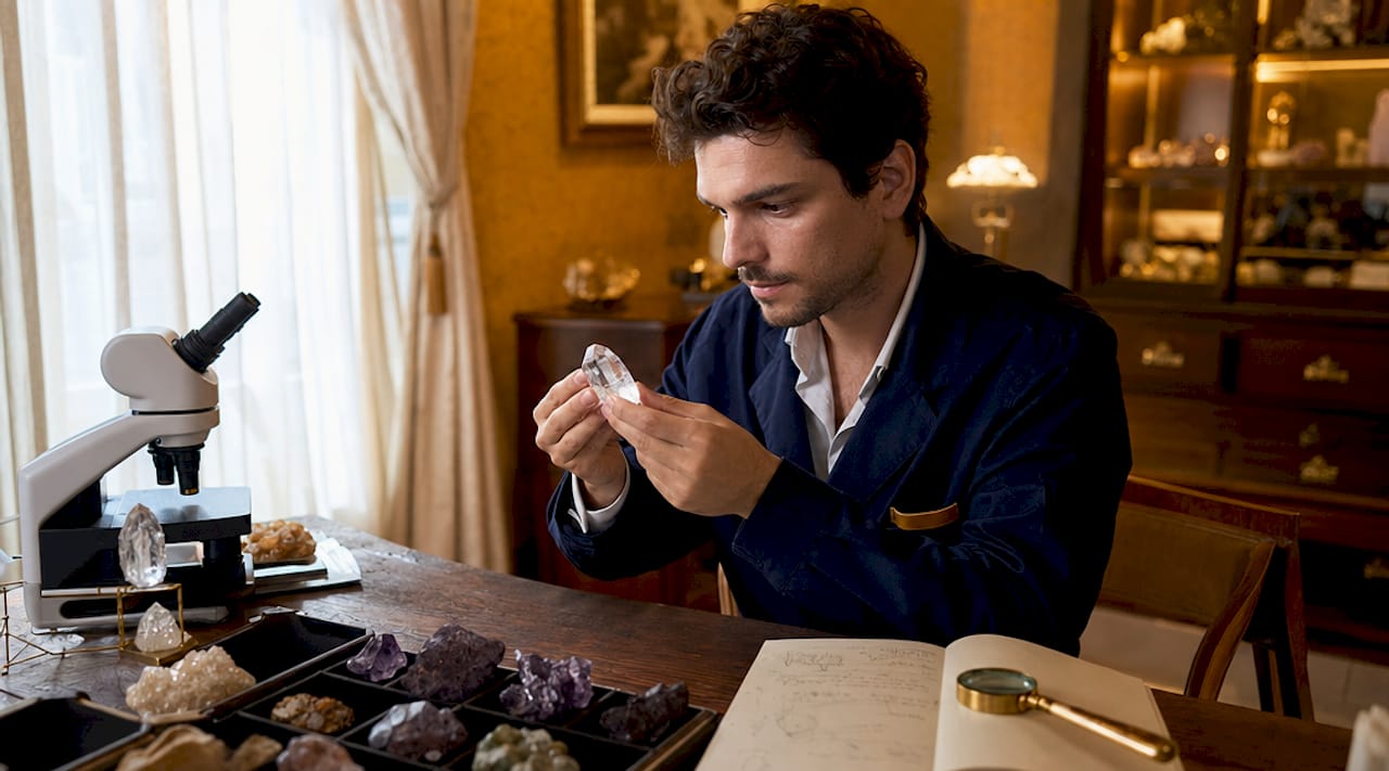 Gemologist examining clear quartz crystal closely