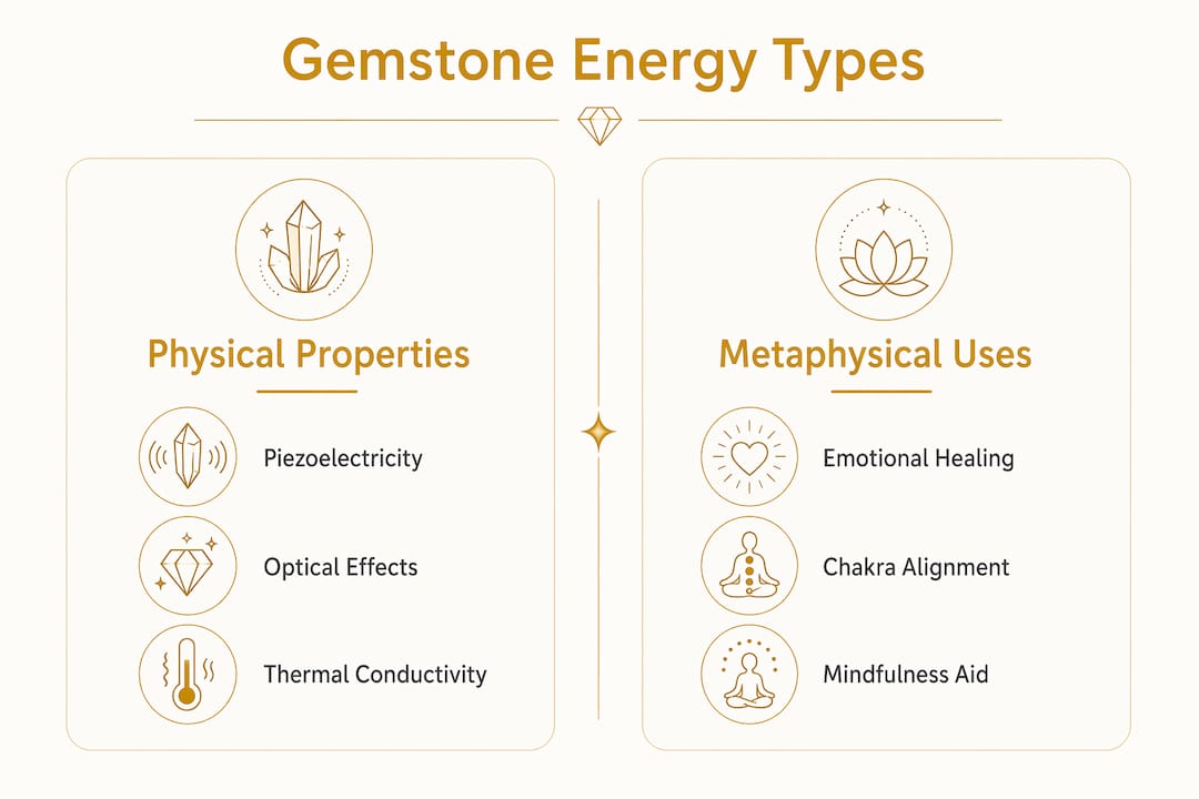 Infographic comparing physical and metaphysical gemstone energies