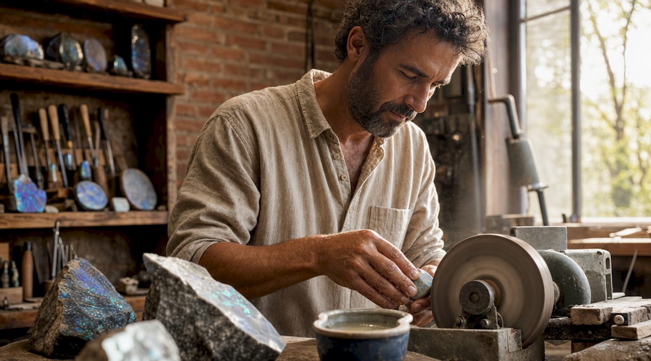 Un artisan tailleur de pierres précieuses façonne une opale brute dans son atelier.