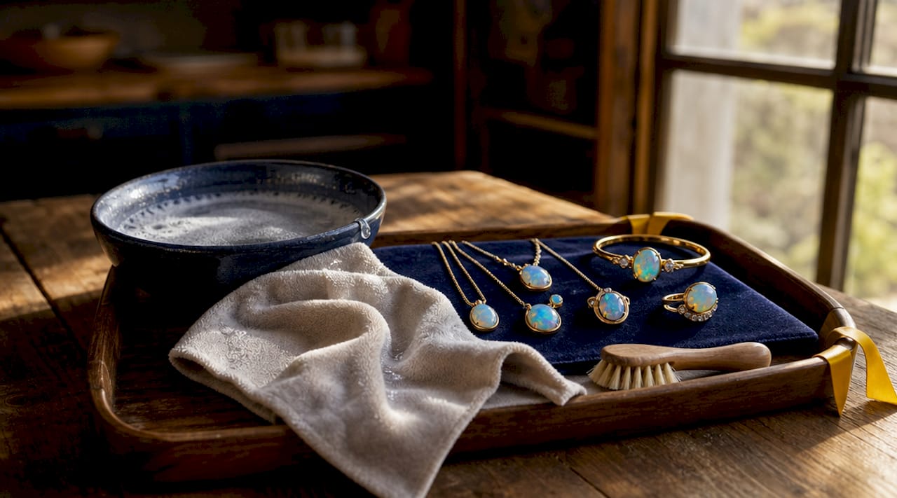 Cleaning tools and luxury opal jewelry on a tray