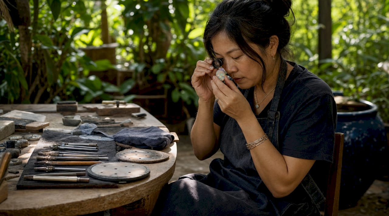 一位经验丰富的匠人正在仔细鉴赏蛋白石宝石，认真检查其色泽和品质。