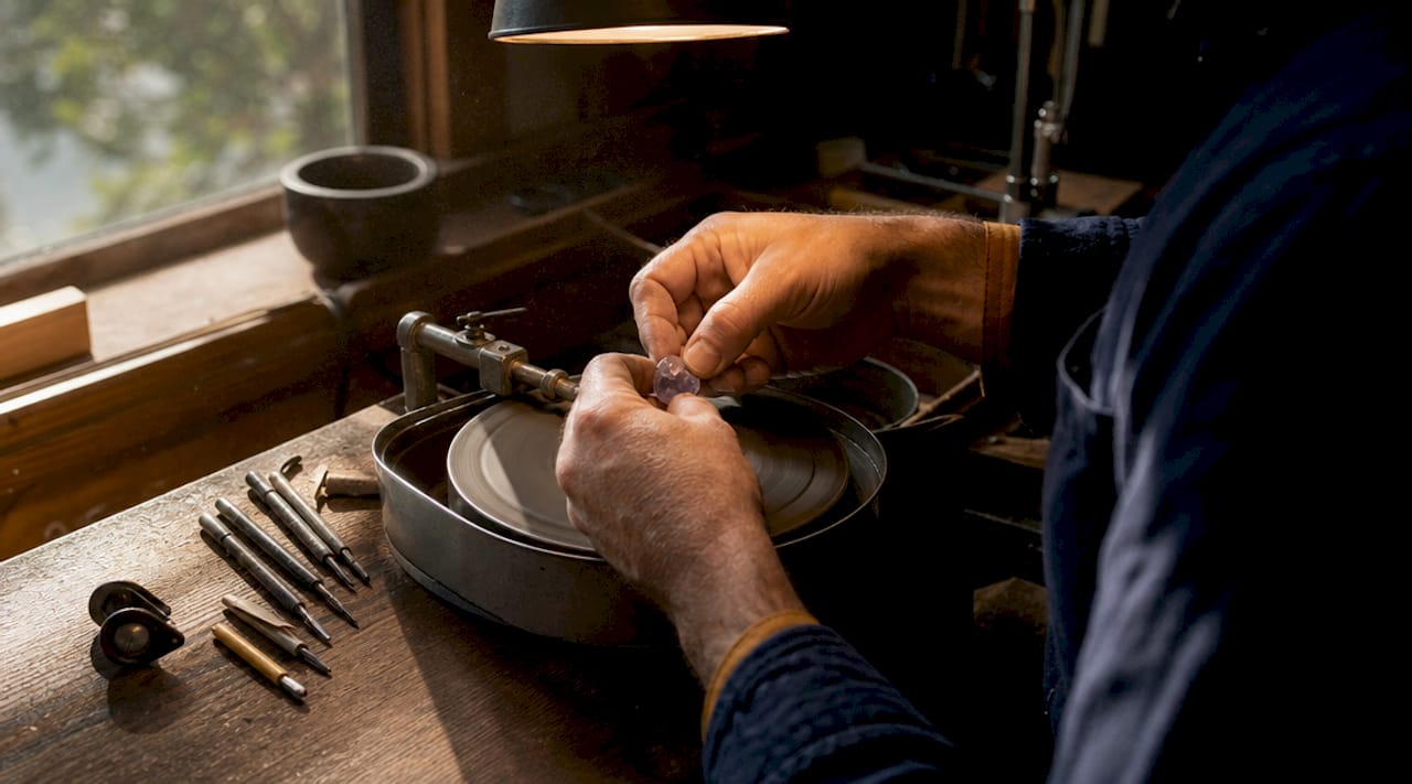 Close-up hands cutting gemstone on lapidary wheel