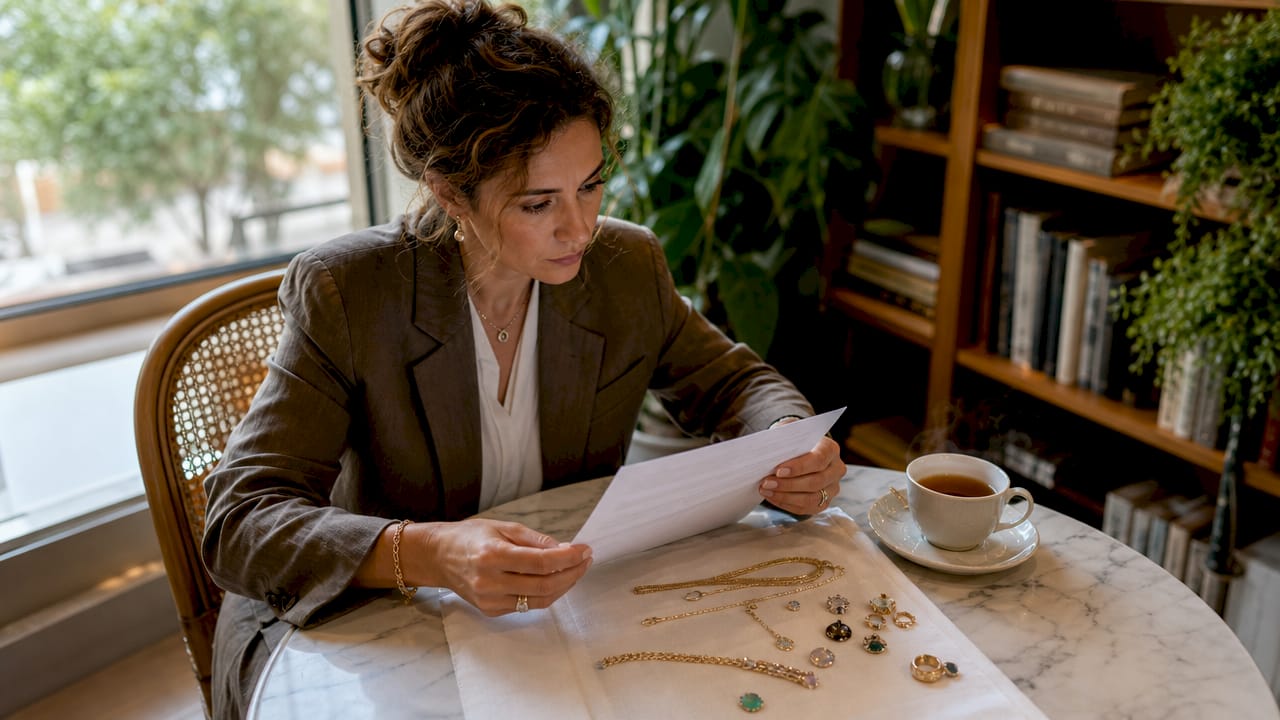 Une femme prend le temps de relire soigneusement son contrat d’assurance pour ses bijoux, confortablement installée chez elle.