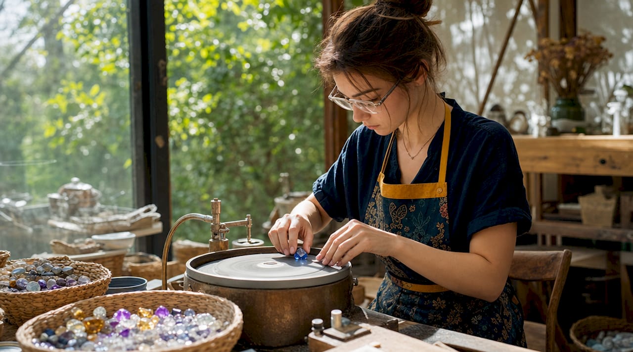 Female lapidary polishing faceted gemstone in studio