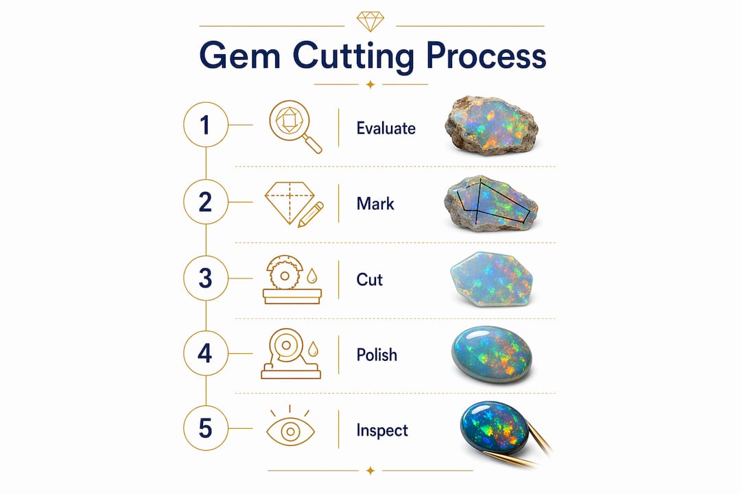 Infographic with vertical flow of gem cutting steps