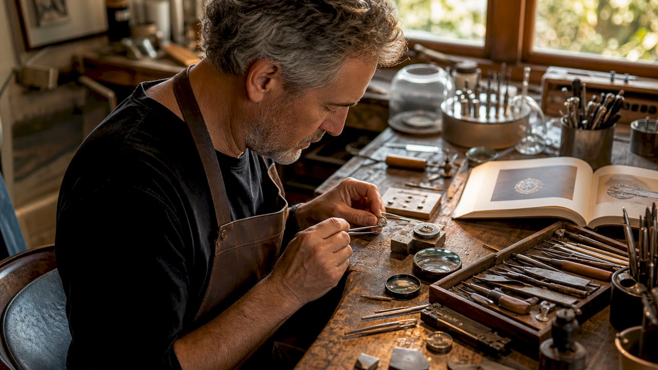 Un maître joaillier en plein travail, posant délicatement une pierre précieuse sur une bague.