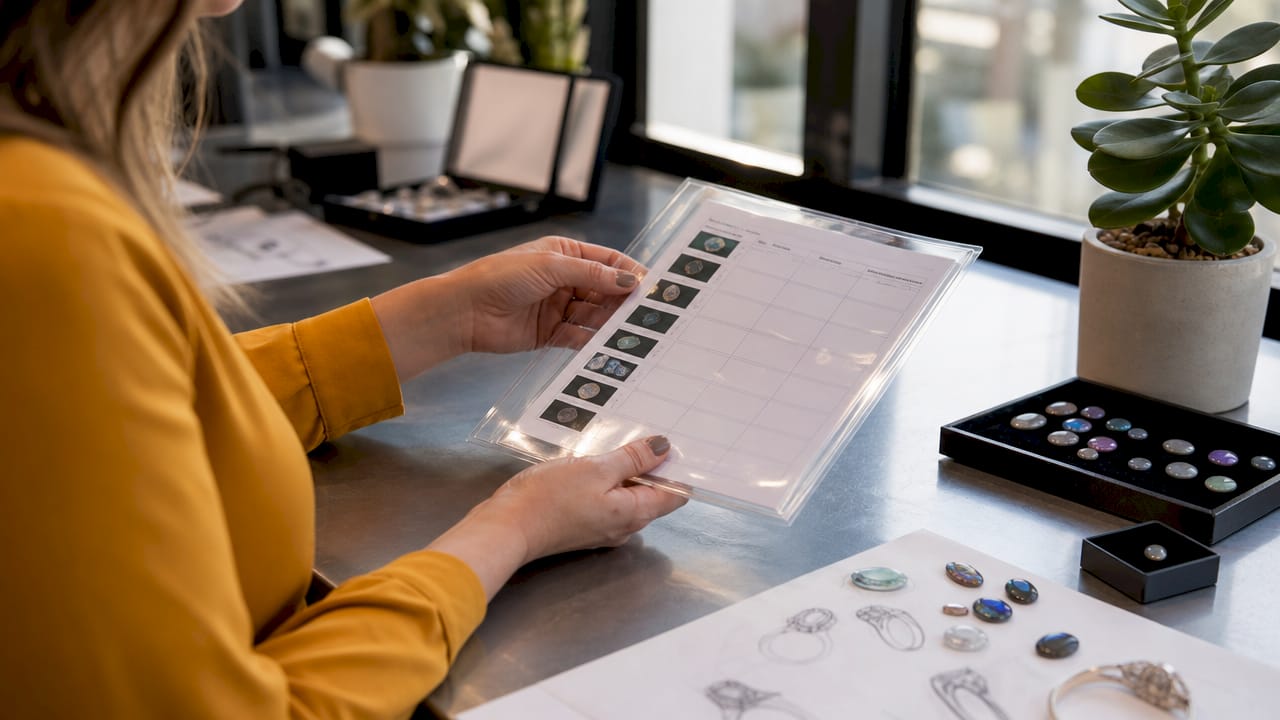 Hands inspecting jewelry sourcing documents