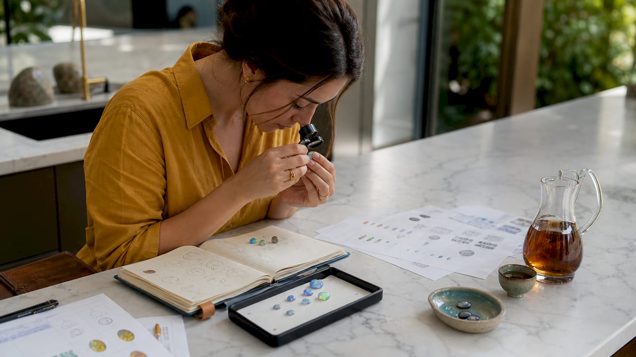Woman examining gemstones with loupe