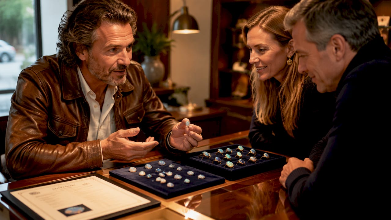 Jewelry retailer advising gemstone buyers
