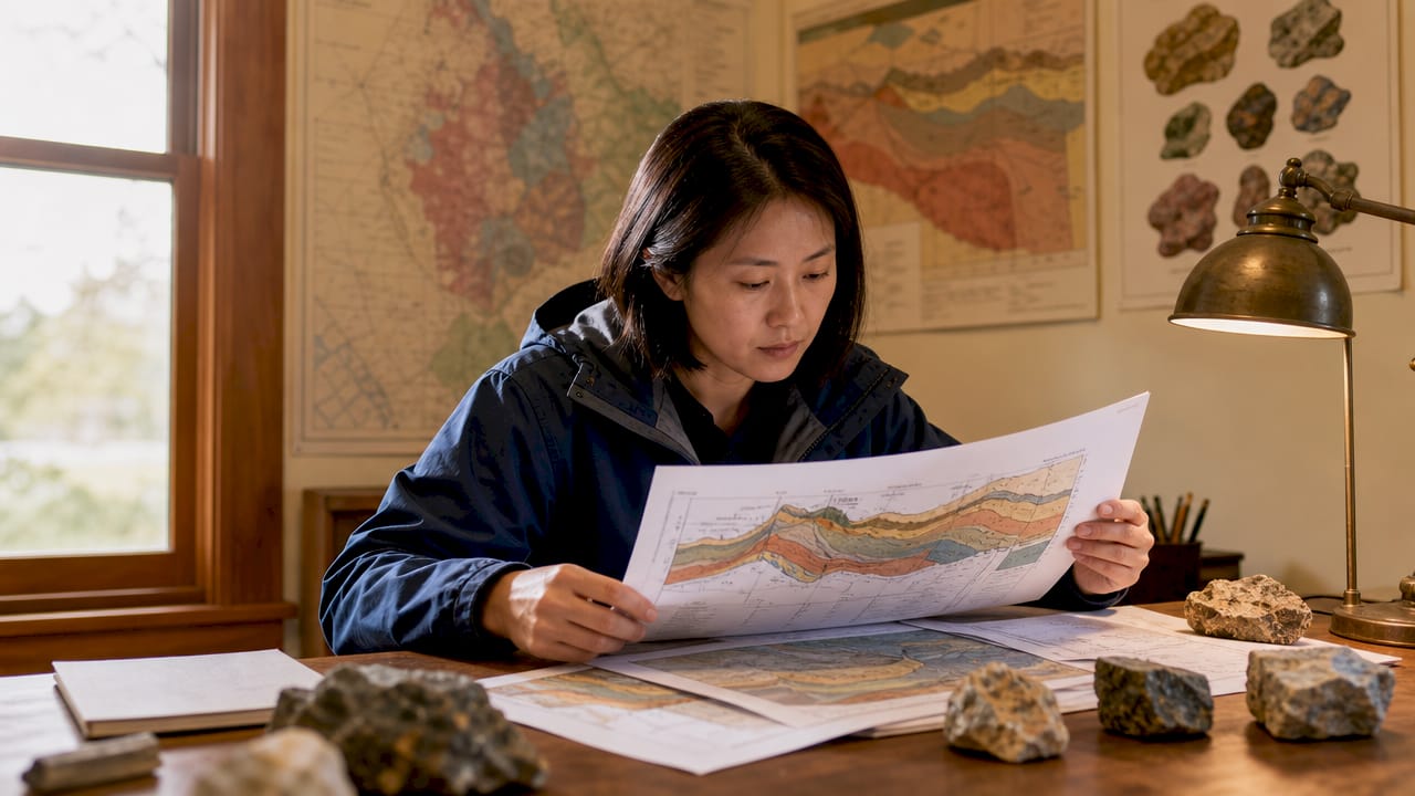 一位女性地质专家正在对澳大利亚的地质报告进行审查和分析。