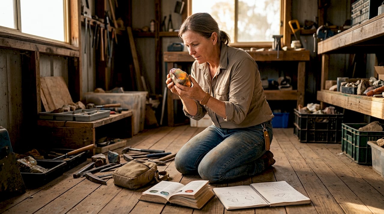 Woman examining rough opal outdoors