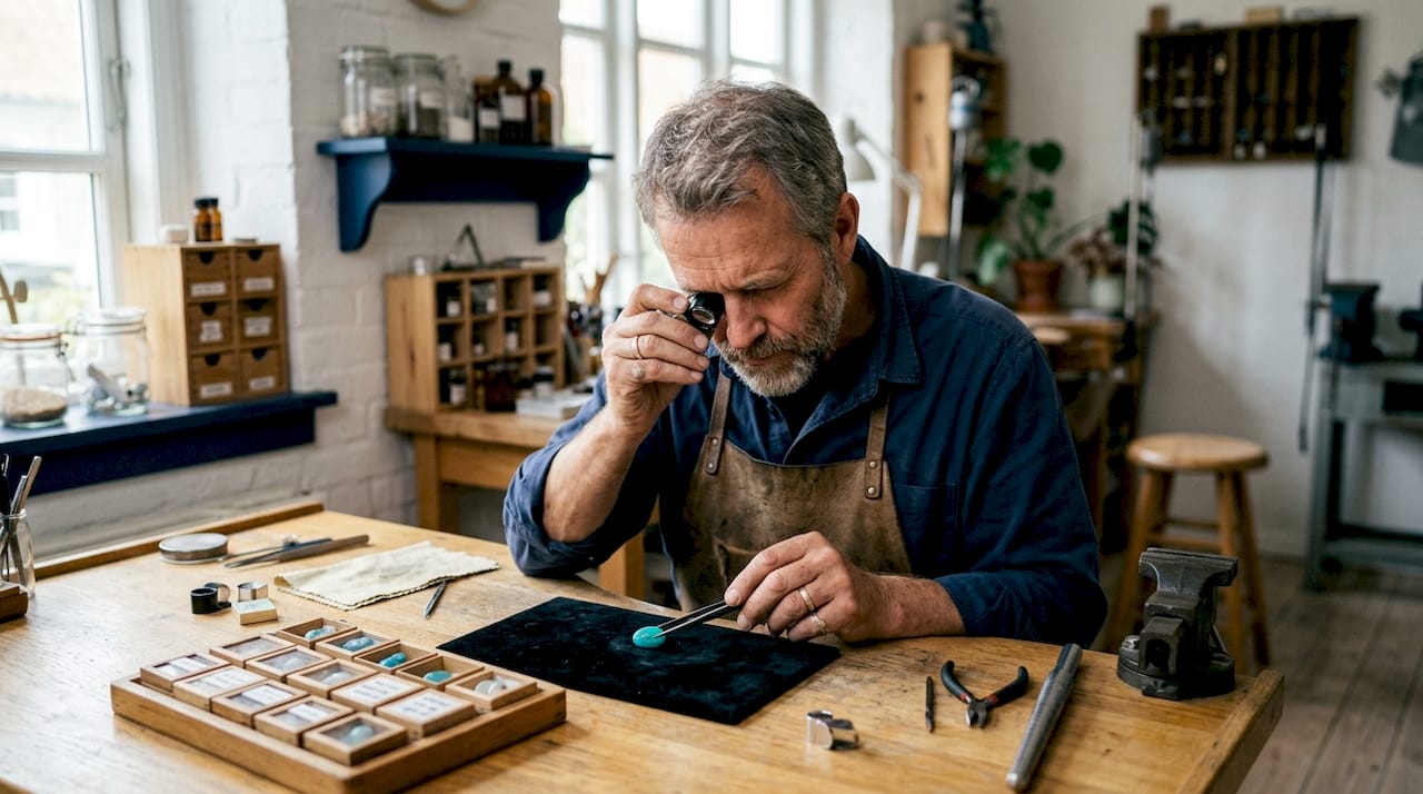 Un bijoutier artisanal examine attentivement un doublet d’opale sous la lumière pour en apprécier toutes les subtilités.