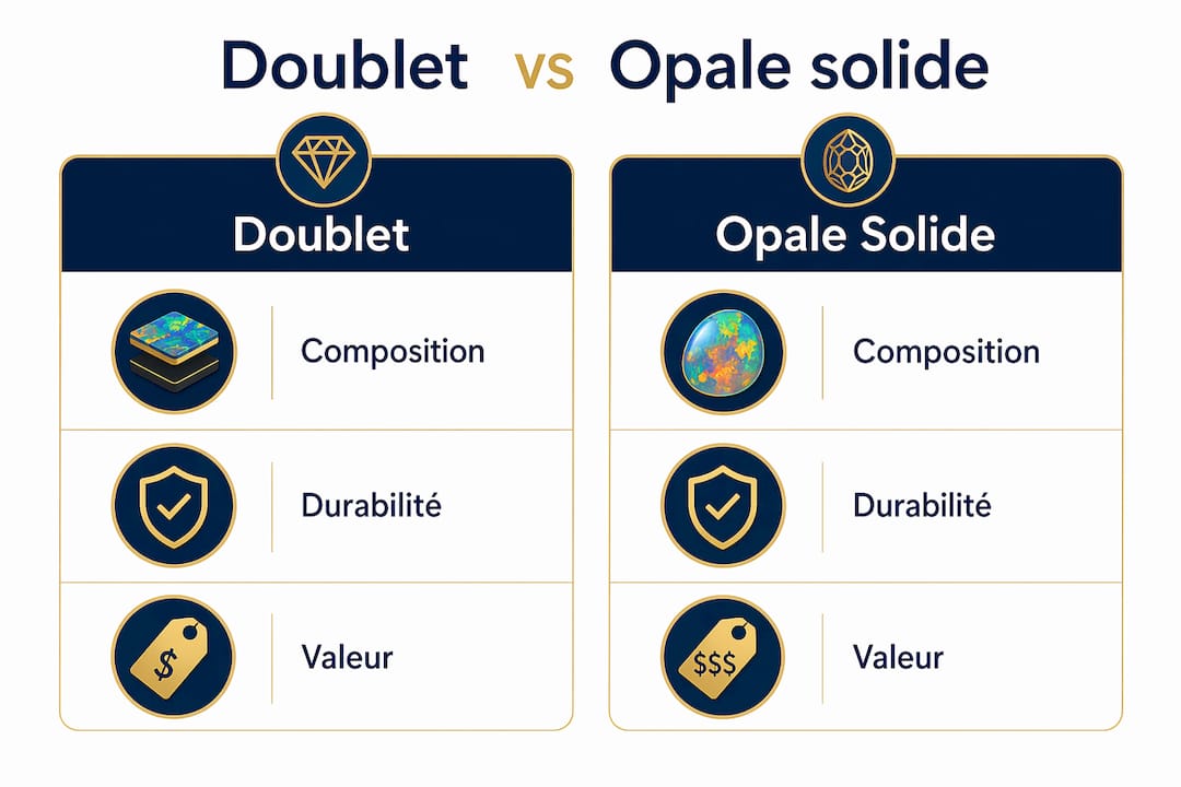 Infographie mettant en parallèle les caractéristiques du doublet et de l’opale solide