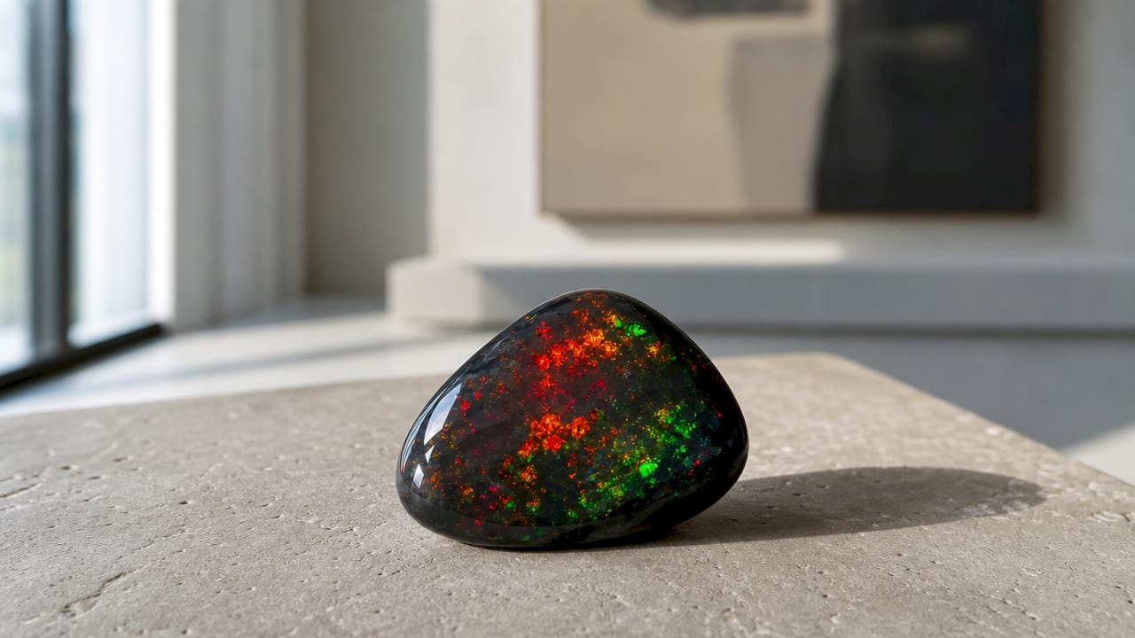 Detailaufnahme eines schwarzen Opals mit faszinierendem Rot-Grün-Schimmer.