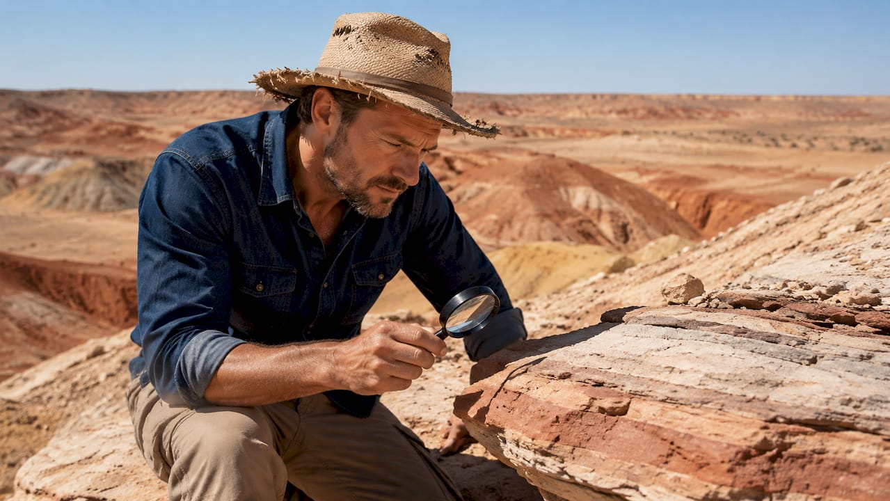 Un géologue en pleine étude des strates de grès à Coober Pedy