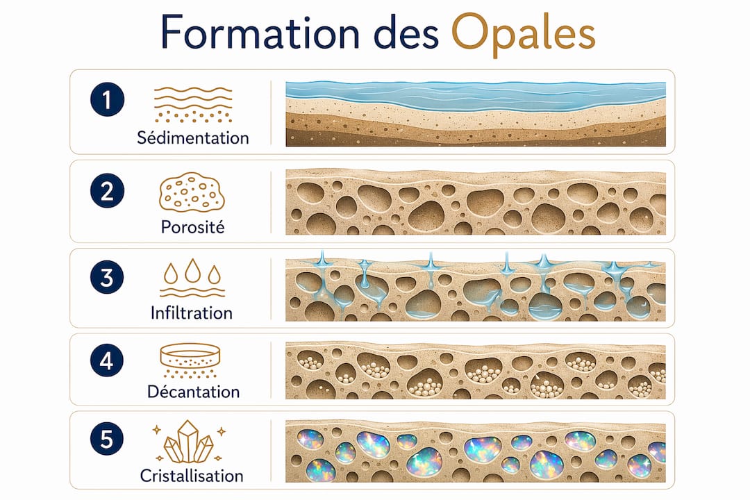 Schéma explicatif illustrant les différentes étapes de la formation des opales