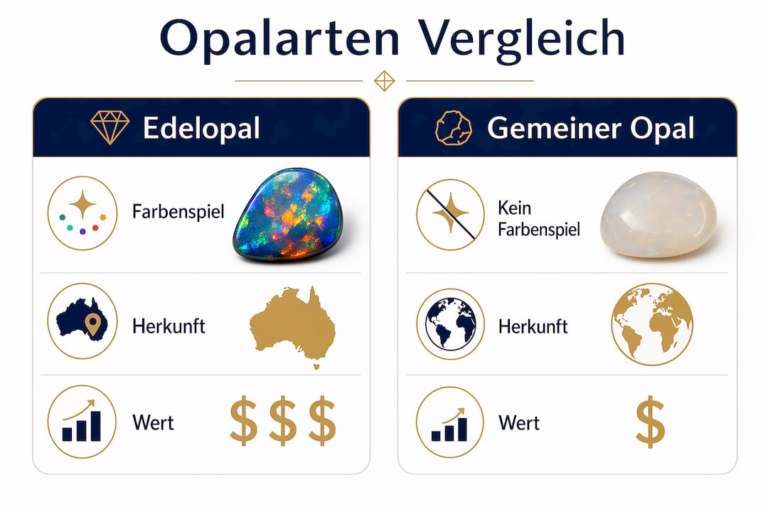 In dieser Infografik werden Edelopal und Gemeiner Opal anschaulich gegenübergestellt.
