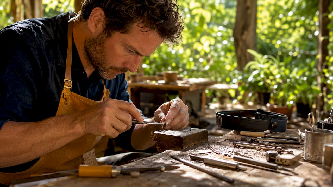 Jeweler filing silver ring at workshop bench