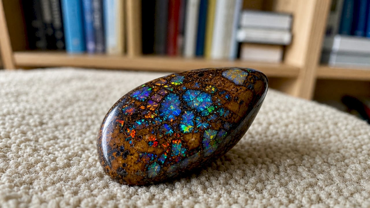 Zoom sur les motifs éclatants de l’opale Boulder