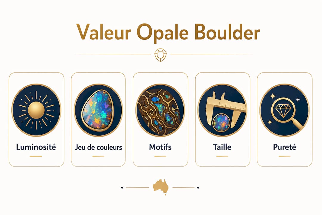Visuel présentant les principaux critères qui déterminent la valeur d’une opale Boulder