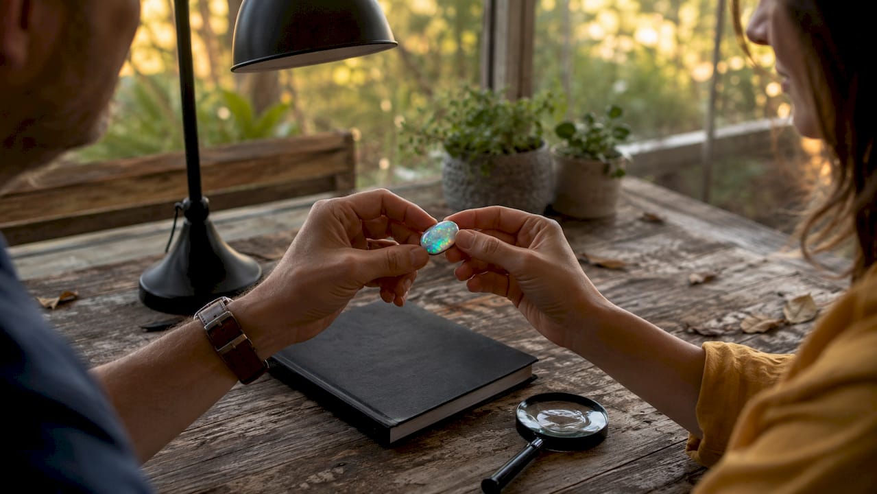 Hands holding opal showing play-of-color under daylight