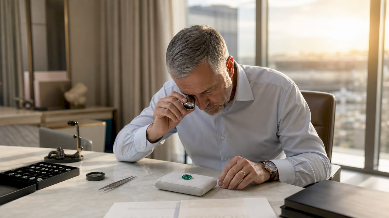 Ein Fachmann untersucht einen Smaragd im Labor auf Echtheit und Qualität.