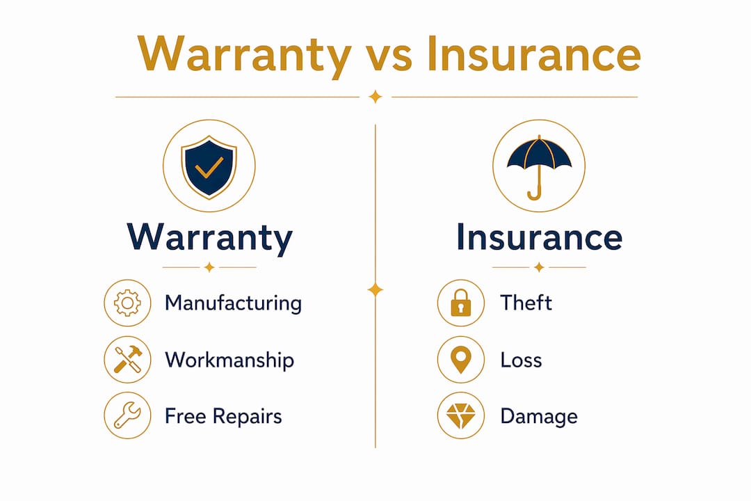 Infographic comparing jewelry warranty and insurance coverage
