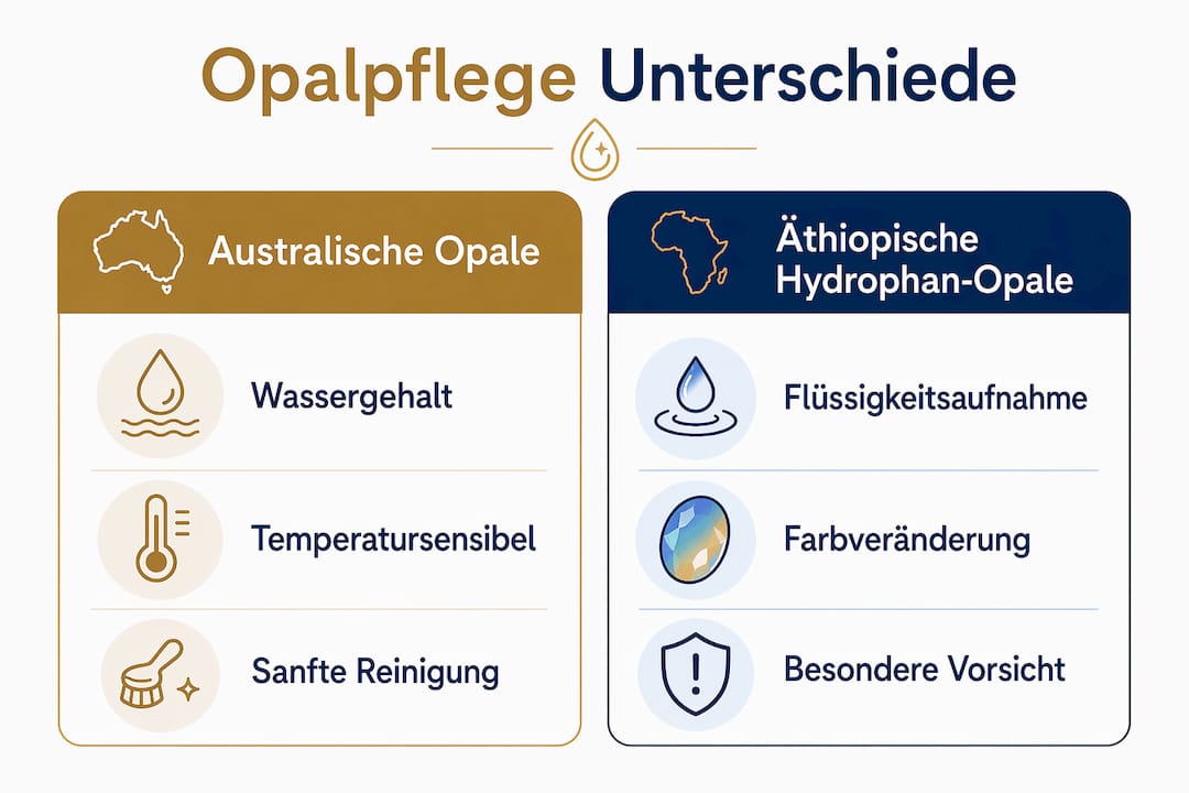 Vergleichende Infografik: So unterscheiden sich die Pflegetipps für australische und äthiopische Opale