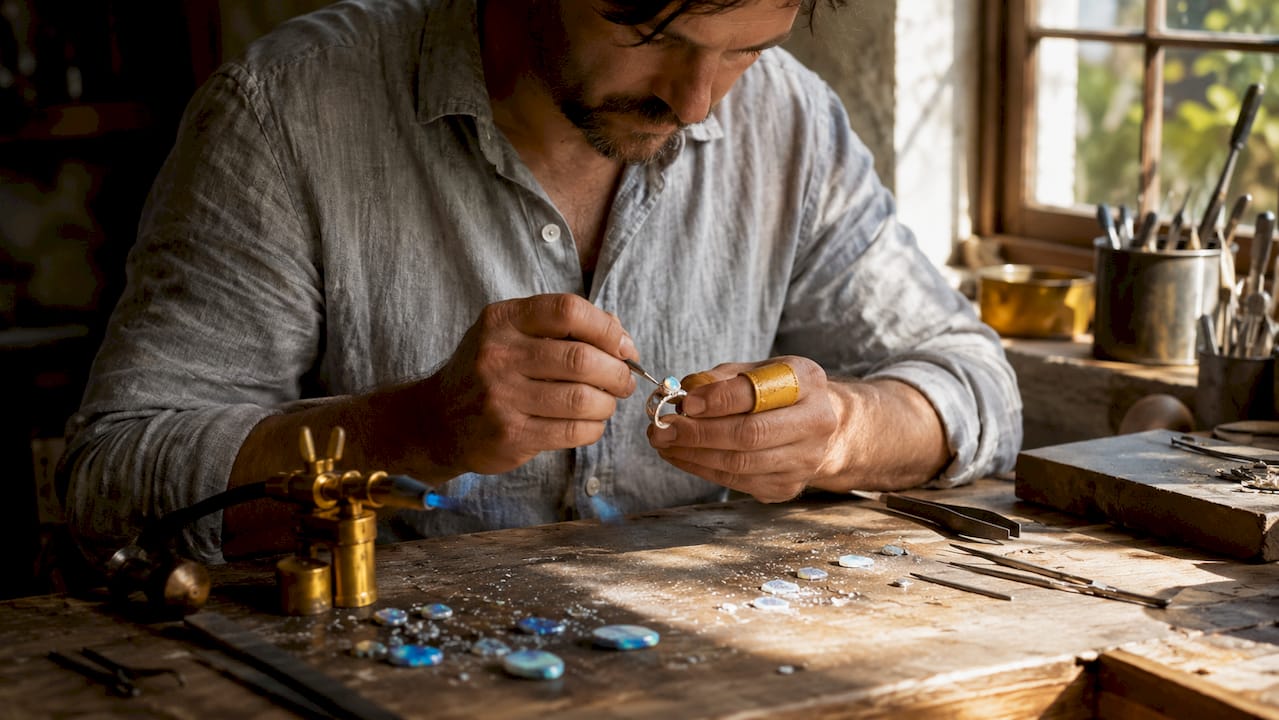 Artisan hands setting opal into gold ring